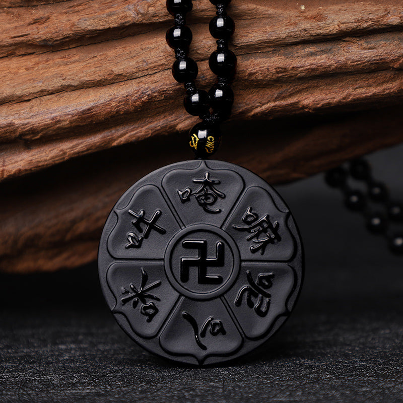 Nimara Ritual Natural Black Obsidian Tibetan Om Mani Padme Hum Buddha Swastika Luck Necklace Pendant