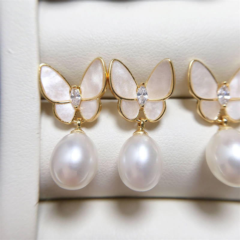 Nimara Ritual 925 Sterling Silver Posts 18K Gold Plated Copper Pearl Butterfly Optimism Stud Earrings