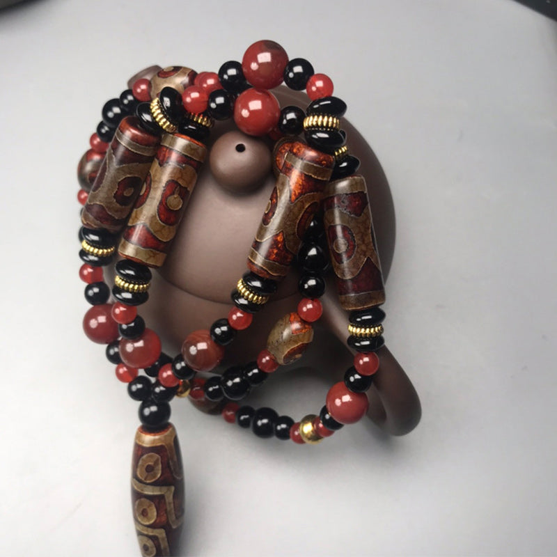 Nimara Ritual Nine-Eye Dzi Bead Red Agate Wealth Health Necklace