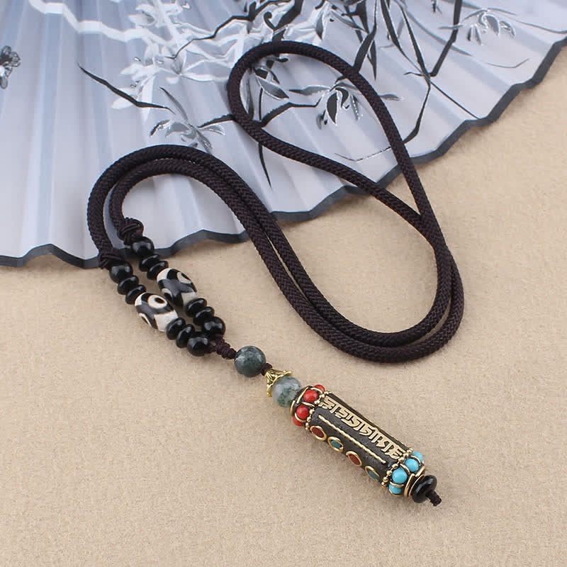 Nimara Ritual Tibetan Om Mani Padme Hum Dzi Bead Wenge Wood Necklace Pendant