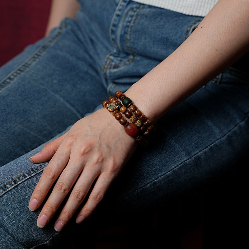 Nimara Ritual Tibetan Bodhi Seed Amber Dzi Bead Agate Zakiram Goddess of Wealth Beads Triple Wrap Bracelet