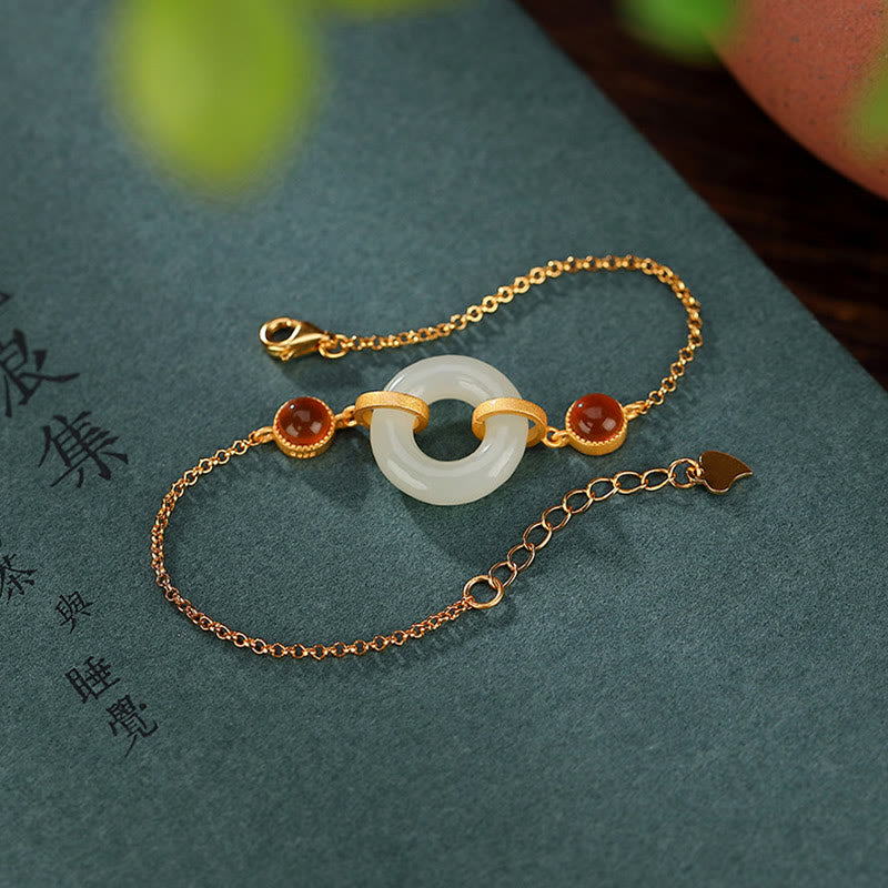 Nimara Ritual 925 Sterling Silver Plated Gold Natural Hetian Jade Peace Buckle Red Agate Luck Bracelet