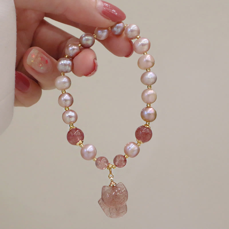 Nimara Ritual Natural Pearl Strawberry Quartz Cute Fox Love Healing Charm Bracelet
