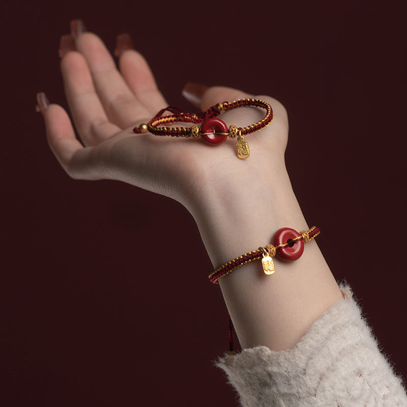 Nimara Ritual Natural Cinnabar Peace Buckle Fu Character Charm Blessing Braided Bracelet