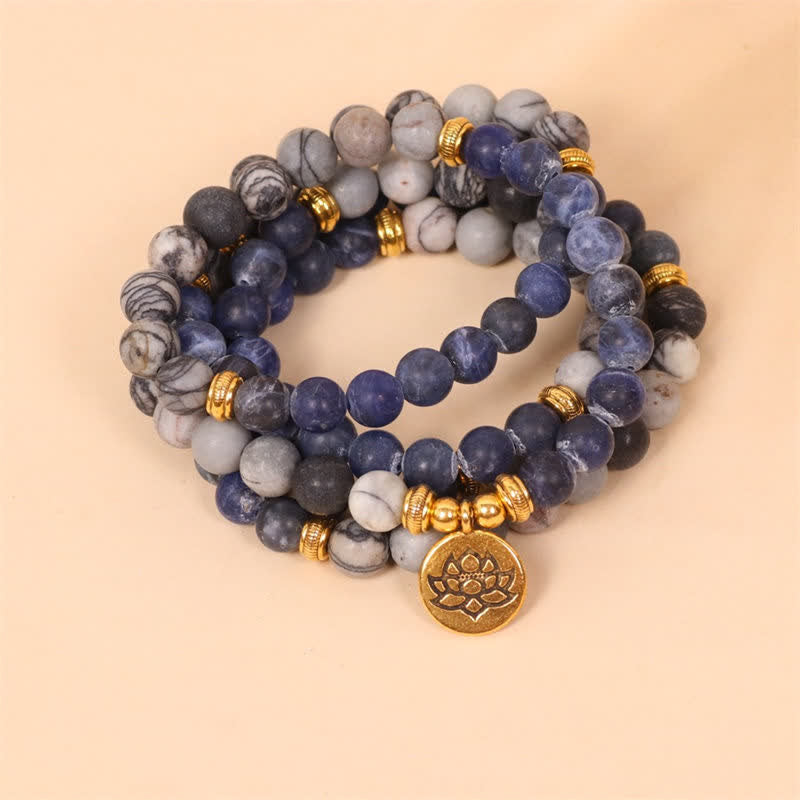 Nimara Ritual 108 Mala Beads Sodalite Zebra Jasper Crystal Lotus Strength Bracelet