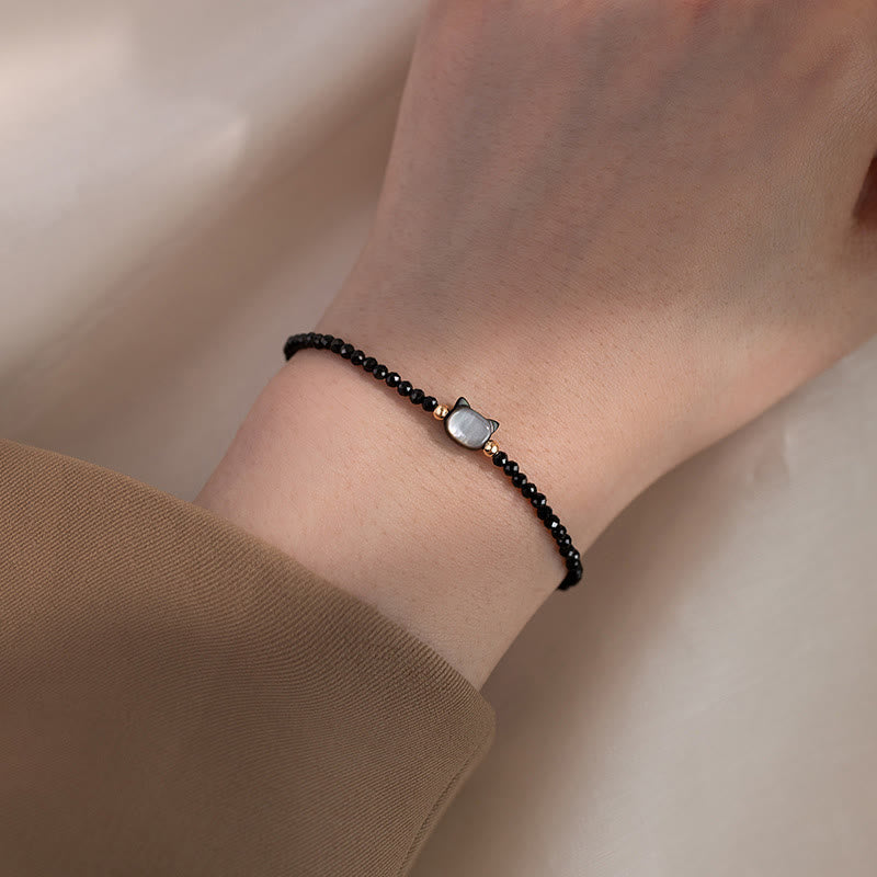Nimara Ritual 14K Gold Plated Black Spinel White Crystal Cute Cat Tridacna Stone Healing Bracelet