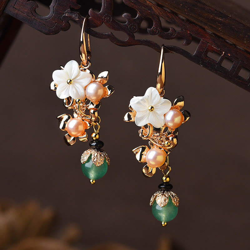 Nimara Ritual 14K Gold Plated Tridacna Stone Flower Pearl Green Aventurine Bead Drop Earrings