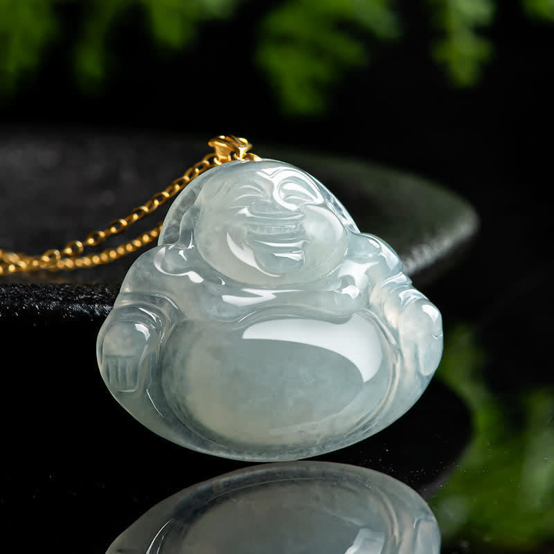 Nimara Ritual Laughing Buddha Natural Jade Abundance Titanium Steel Chain Necklace Pendant