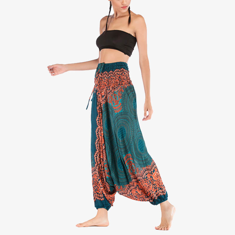 Nimara Ritual Two Style Wear Round Geometric Pattern Loose Smocked Harem Trousers Jumpsuit High Waist Women's Yoga Pants