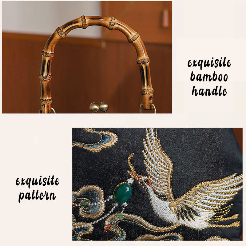 Nimara Ritual Auspicious Clouds Cranes Embroidery Bamboo Handle Handbag Crossbody Bag