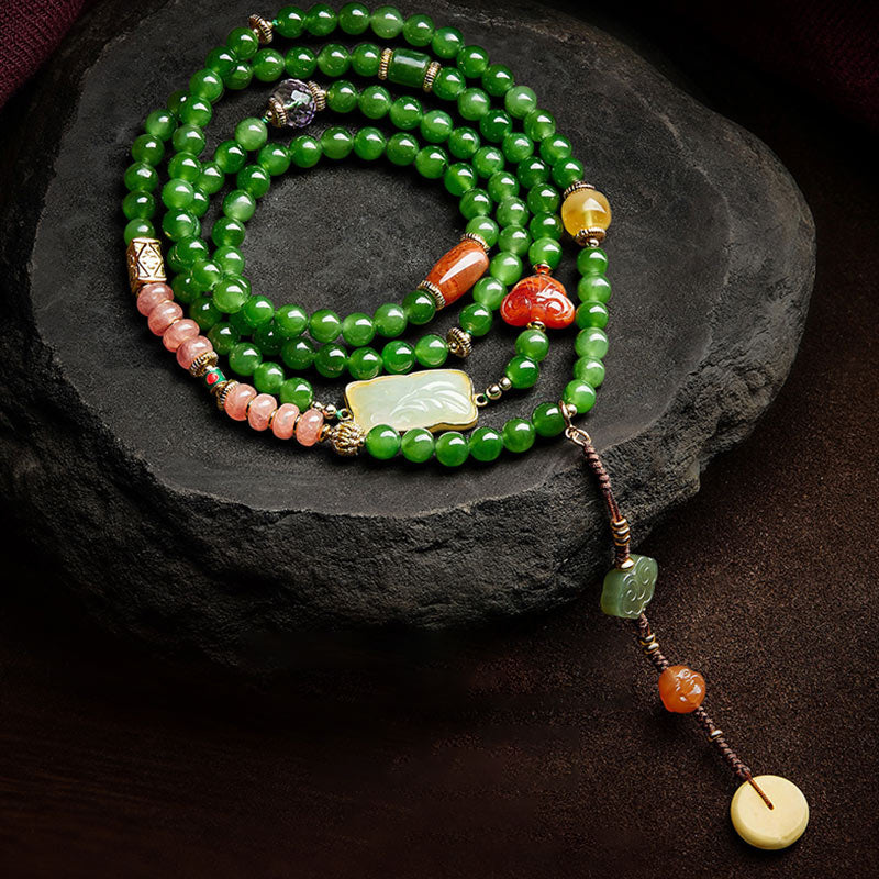 Nimara Ritual 108 Mala Beads Cyan Jade Red Agate Laughing Buddha Luck Bracelet