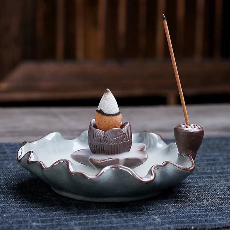 Nimara Ritual Lotus Plum Blossom Square Ceramic Spiritual Backflow Incense Burner