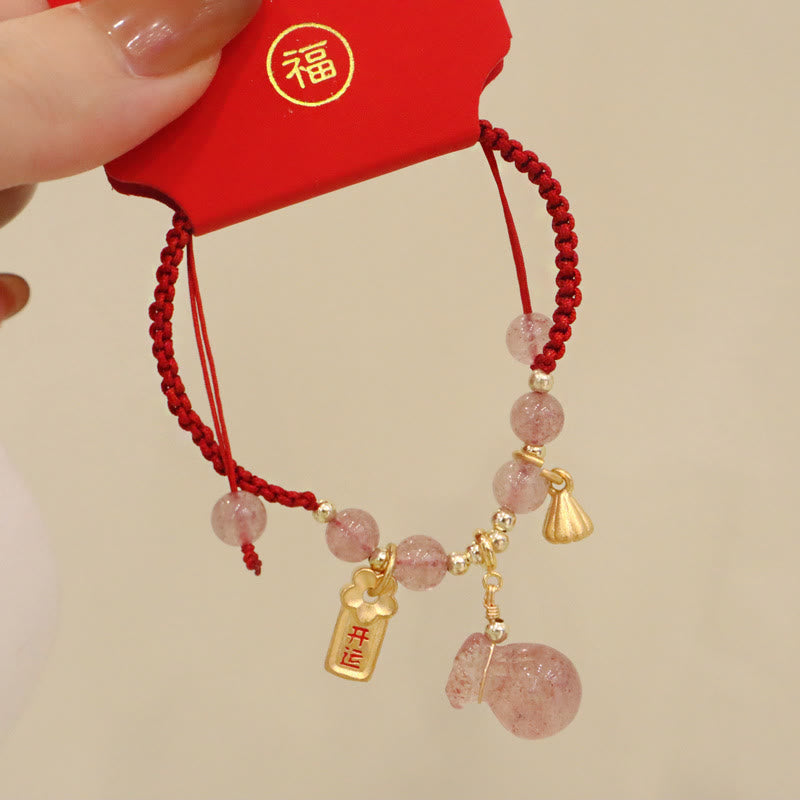 Nimara Ritual Natural Strawberry Quartz Money Bag Lotus Healing Charm Red String Braided Bracelet