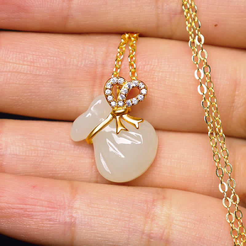 Nimara Ritual Natural Hetian White Jade Luck Money Bag Necklace Pendant