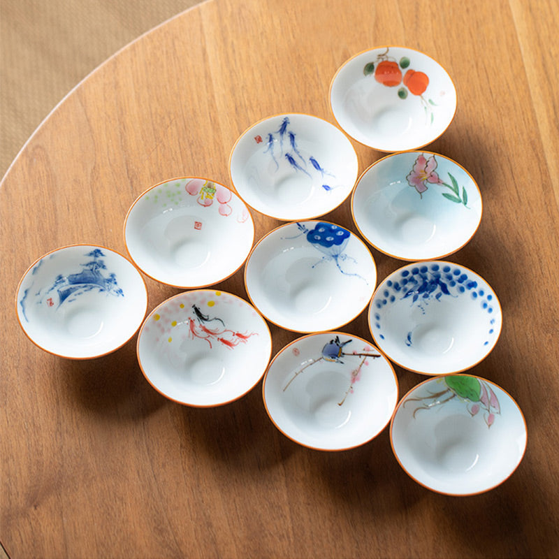Nimara Ritual Mandala Flower Koi Fish Lotus Bird Persimmons Teacup Kung Fu Tea Cup 50ml