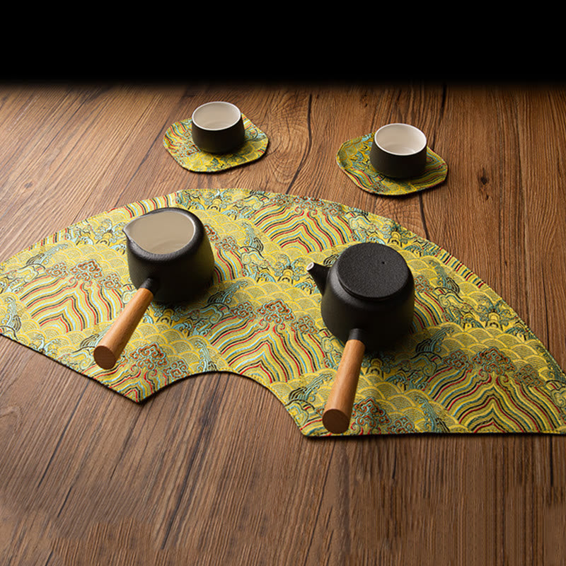 Nimara Ritual Vintage Sea Wave Bamboo Plum Blossom Embroidered Cup Mat Pad Tea Cup Coaster Kung Fu Tea Mat