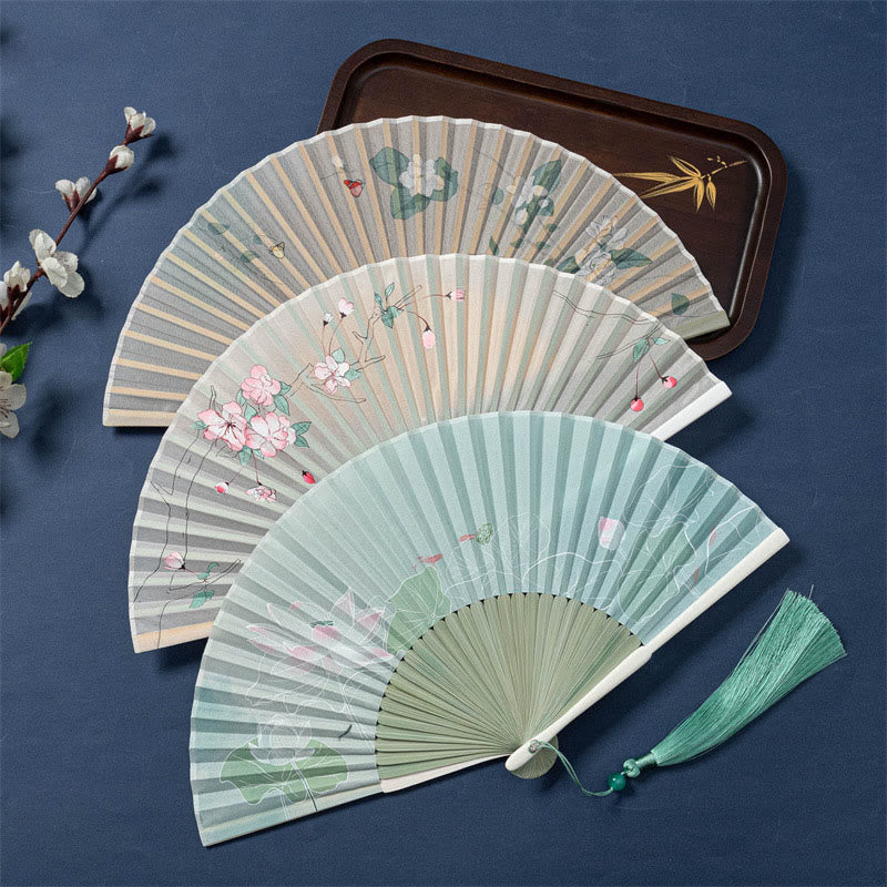 Nimara Ritual Lotus Begonia Flower Jasmine Handheld Bamboo Folding Fan 21cm