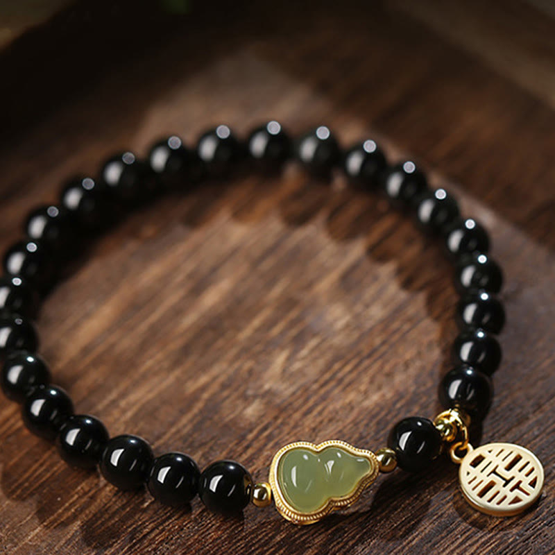 Nimara Ritual Natural Black Obsidian Hetian Jade Gourd Double Happiness Strength Bracelet