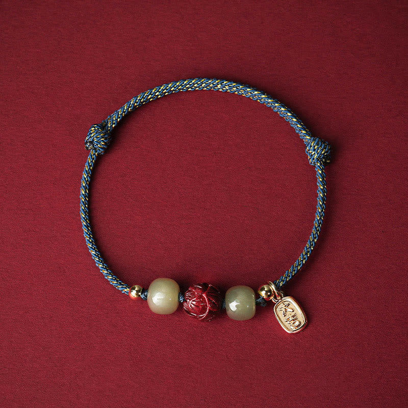 Nimara Ritual 14K Gold Plated Hetian Jade Cinnabar Lotus Luck Handcrafted Rope Bracelet