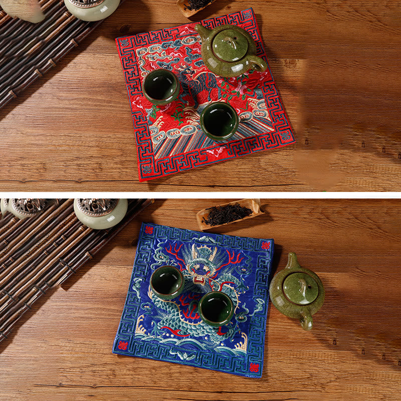 Nimara Ritual Crane Phoenix Dragon Kirin Embroidered Cup Mat Pad Tea Cup Coaster Square Kung Fu Tea Mat