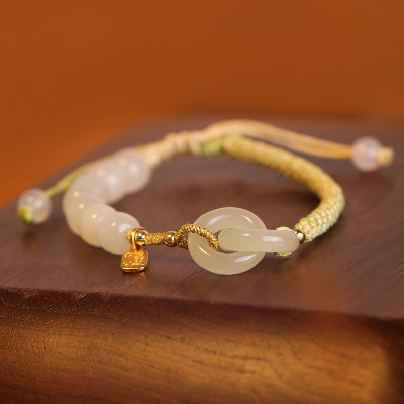 Nimara Ritual Natural Hetian Jade Bead Double Peace Buckle Fu Character Abundance Braided Bracelet