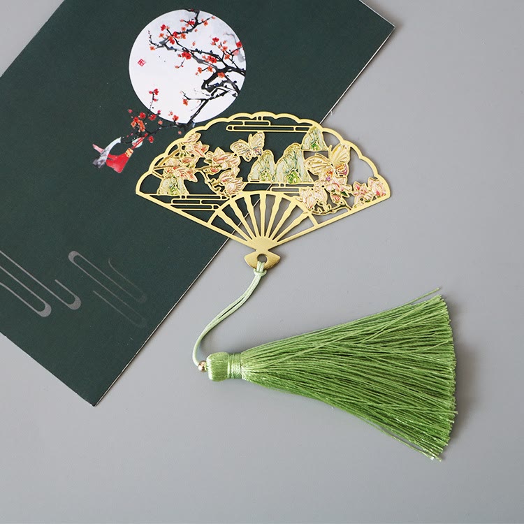 Nimara Ritual Traditional Butterfly Lotus Flower Crane Dragon Phoenix Fox Koi Fish New Beginning Metal Brass Hollow Fan Bookmarks
