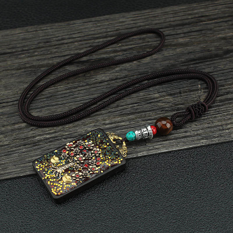 Nimara Ritual Tibet God Of Wealth Money Tree Golden Phoenix Thangka Ebony Peace Necklace Pendant