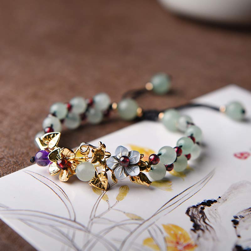 Nimara Ritual Green Aventurine Garnet Bead Flower Petal Luck Bracelet