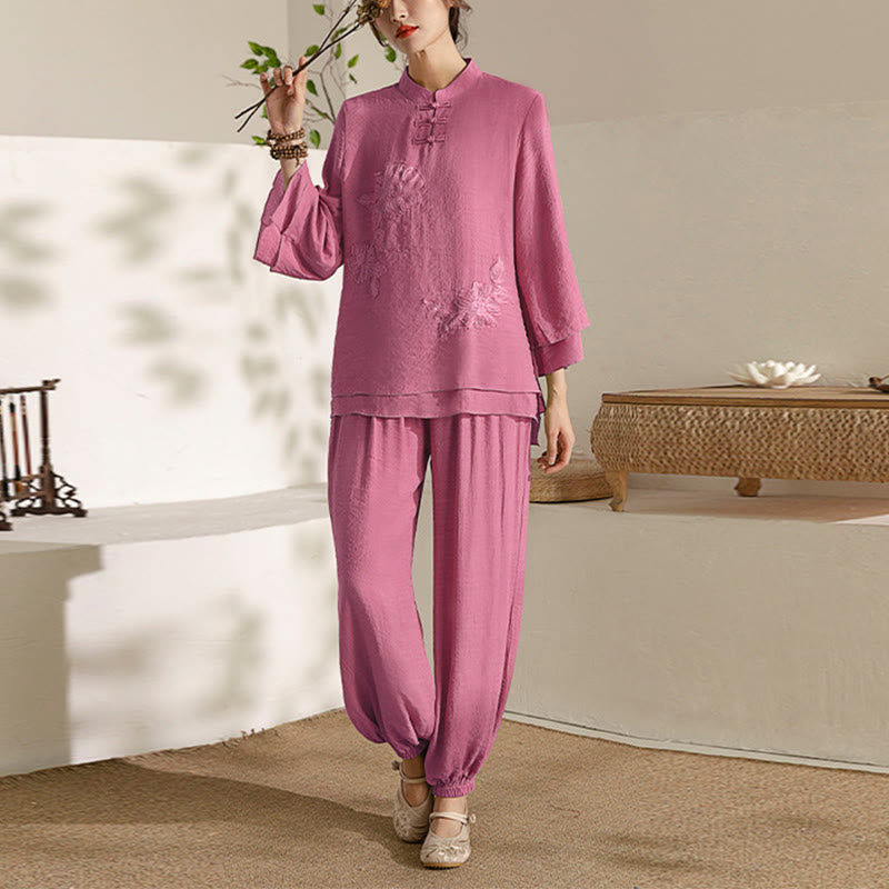 Nimara Ritual 2Pcs Long Sleeve Frog-Button Meditation Prayer Zen Practice Tai Chi Uniform Clothing Women's Set