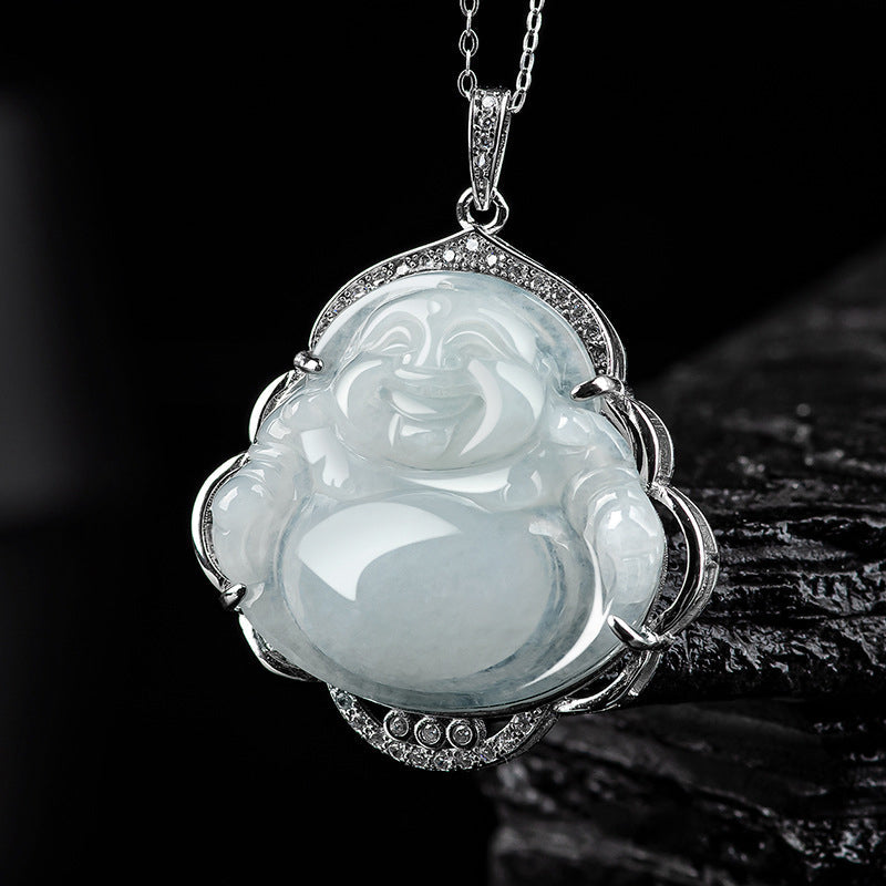 Nimara Ritual Laughing Buddha Natural Jade Abundance Titanium Steel Chain Necklace Pendant