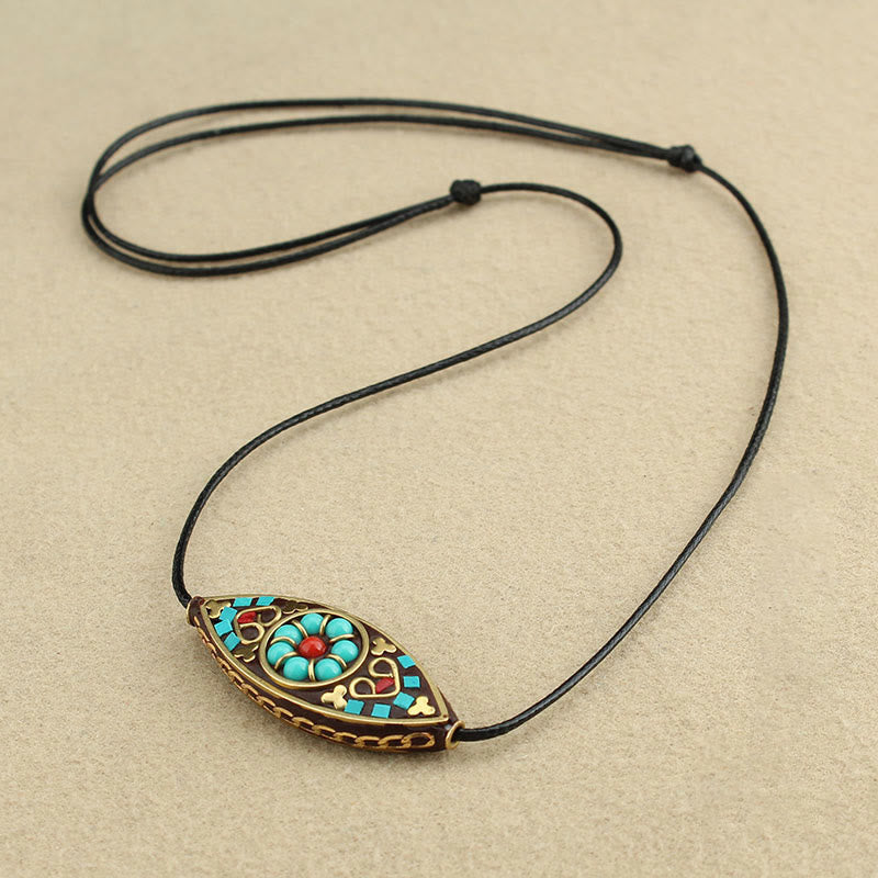 Nimara Ritual Tibet Turquoise Bead Marquise Pattern Protection Strength Necklace Pendant