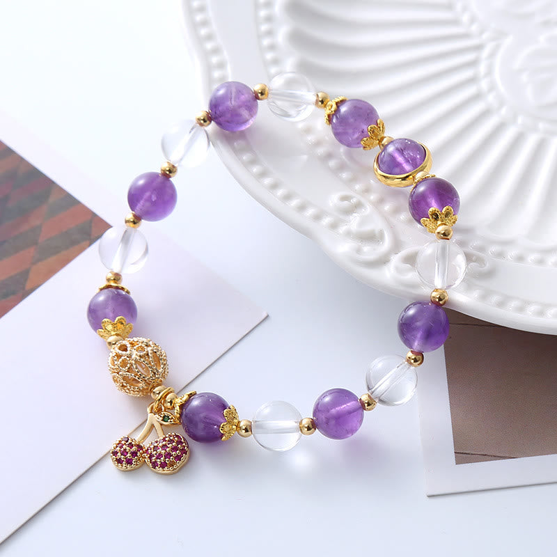 Nimara Ritual Natural Amethyst White Crystal Positive Cherry Charm Bracelet