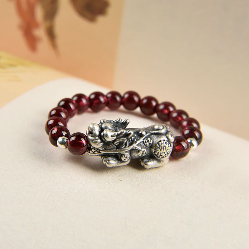 Nimara Ritual 925 Sterling Silver Natural Garnet Moonstone Red Agate PiXiu Wealth Ring
