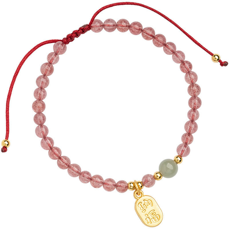 Nimara Ritual Natural Strawberry Quartz Garnet Jade Lucky Fortune Fu Character Healing Charm Bracelet