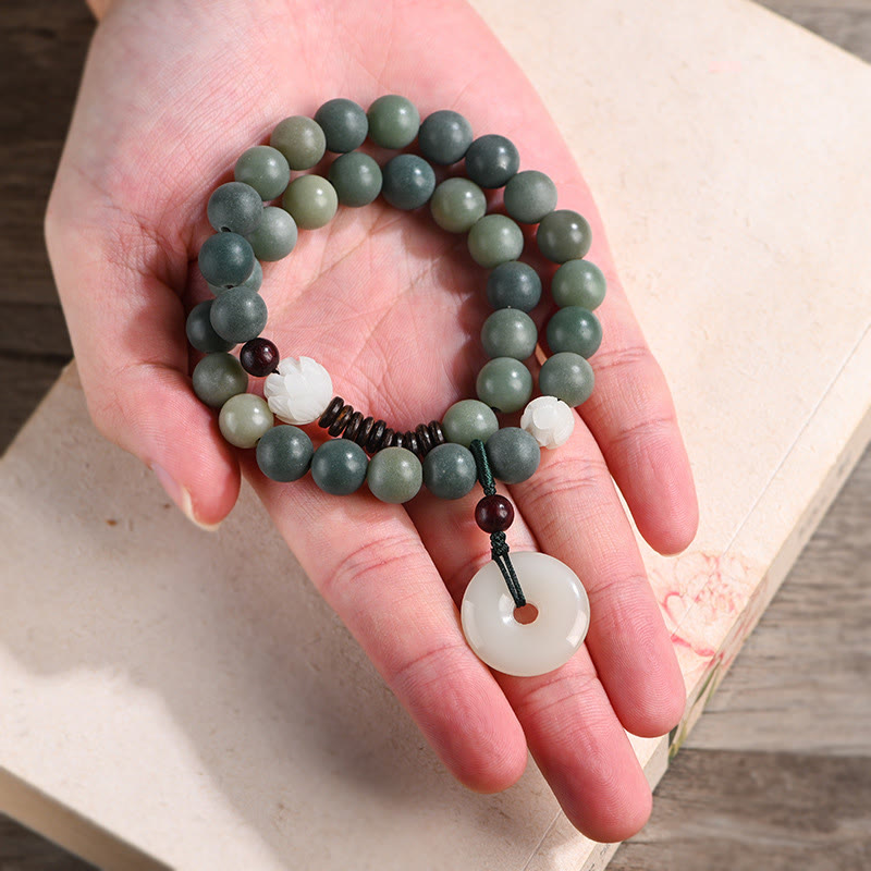 Nimara Ritual Cyan Bodhi Seed Lotus Jade Peace Buckle Wisdom Double Wrap Bracelet