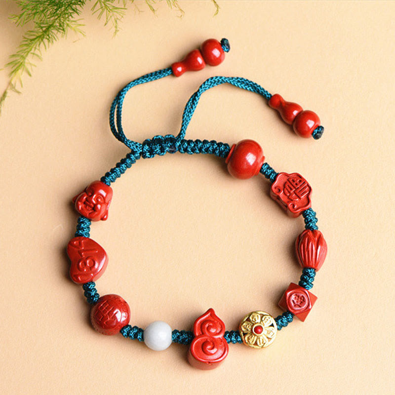 Nimara Ritual Natural Cinnabar Gourd Om Mani Padme Hum Laughing Buddha Blessing String Bracelet