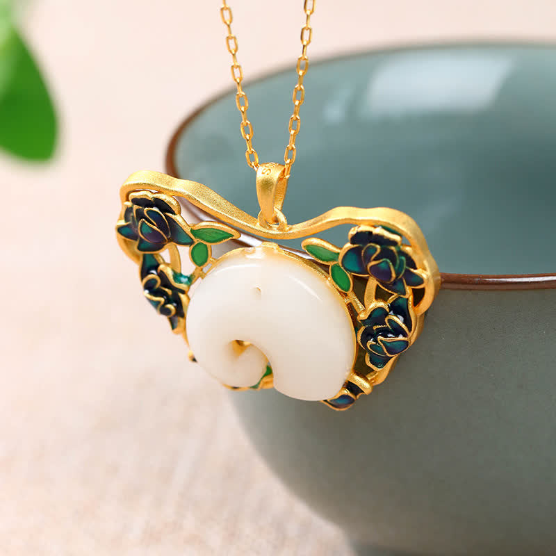 Nimara Ritual White Jade Elephant Butterfly Lotus Success Necklace Chain Pendant