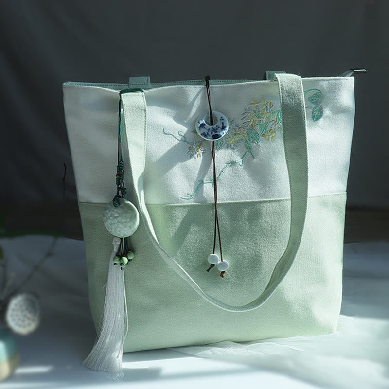 Nimara Ritual Pear Flower Plum Peach Blossom Bamboo Embroidery Canvas Large Capacity Shoulder Bag Tote Bag