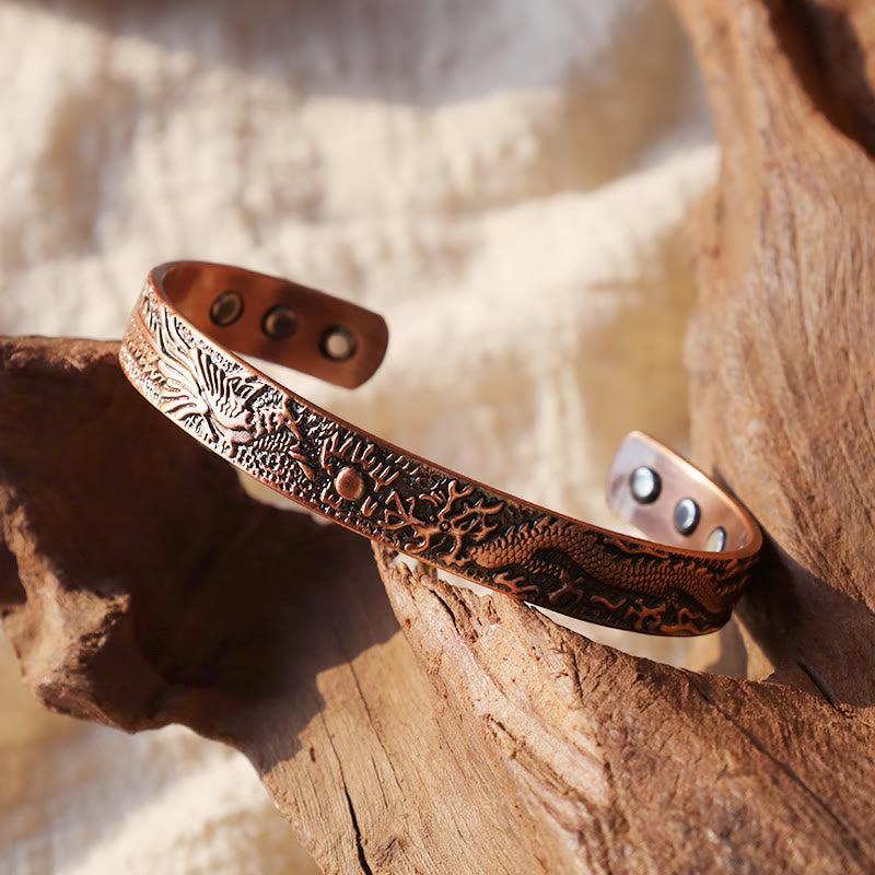 Nimara Ritual Dragon Phoenix Magnetic Solid Copper Cuff Bracelet Bangle