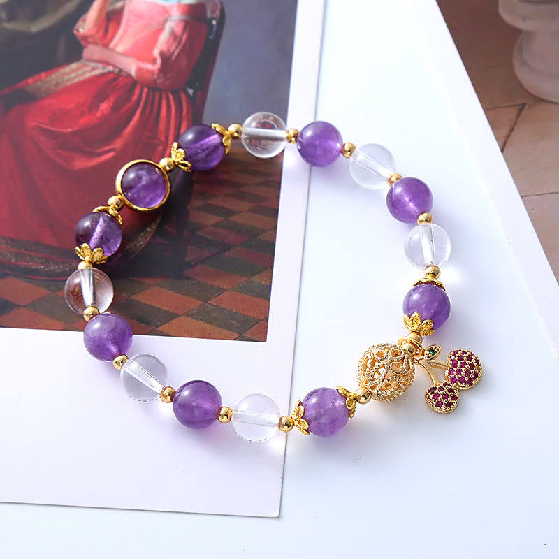 Nimara Ritual Natural Amethyst White Crystal Positive Cherry Charm Bracelet