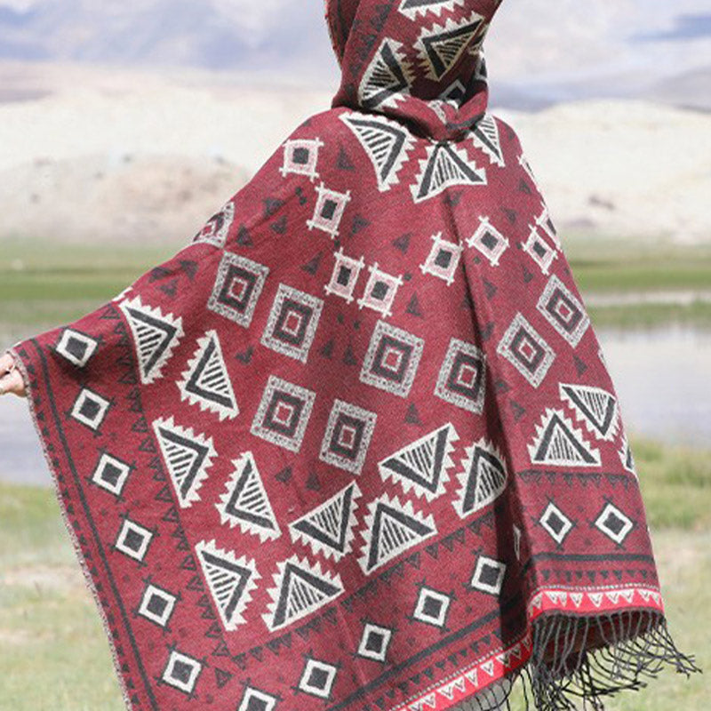 Nimara Ritual Tibetan Shawl Triangle Pattern Hooded Cloak Winter Cozy Travel Scarf Wrap