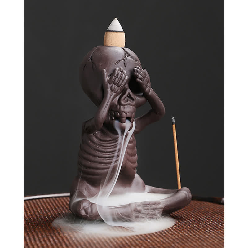 Nimara Ritual Little Skull Ghost Purple Clay Backflow Smoke Fountain Peace Incense Burner Decoration