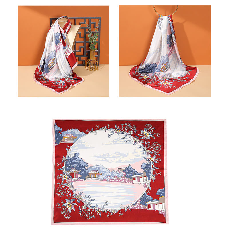 Nimara Ritual Pastoral Scene Hot Air Balloon Spring Blossom 100% Mulberry Silk Neck Hair Scarf
