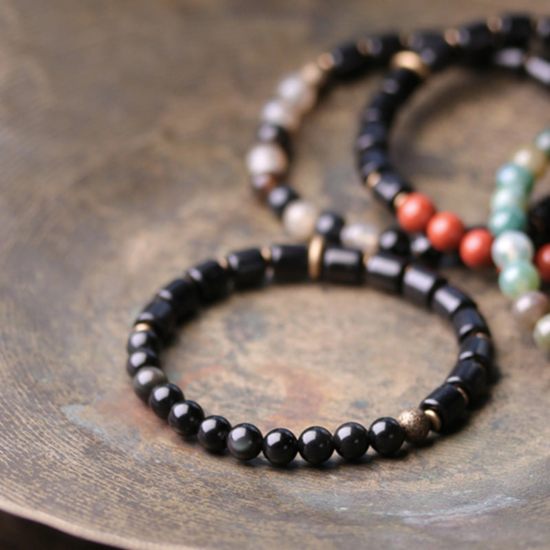 Nimara Ritual Ebony Wood Red Jasper Moss Agate Crystal Copper Peace Couple Bracelet