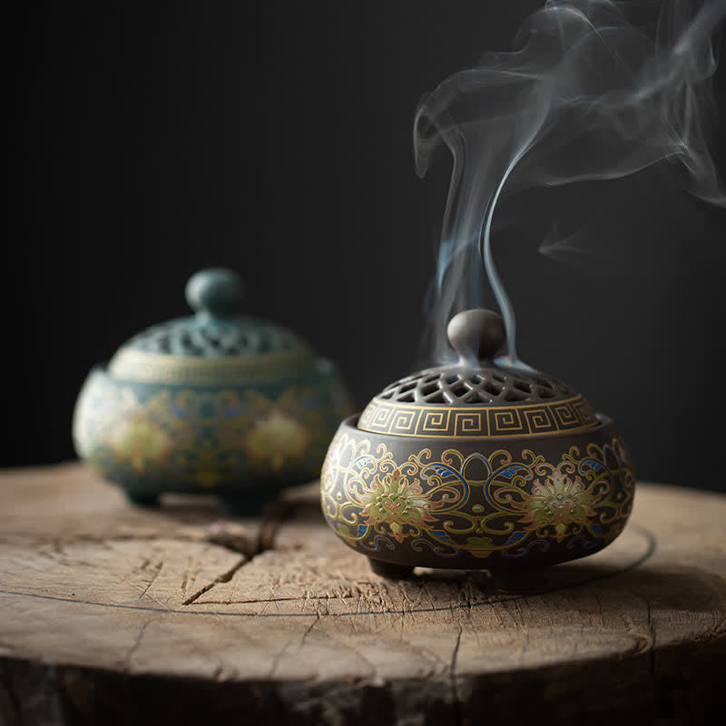 Nimara Ritual Tibetan Floral Pattern Ceramic Blessing Incense Burner Decoration