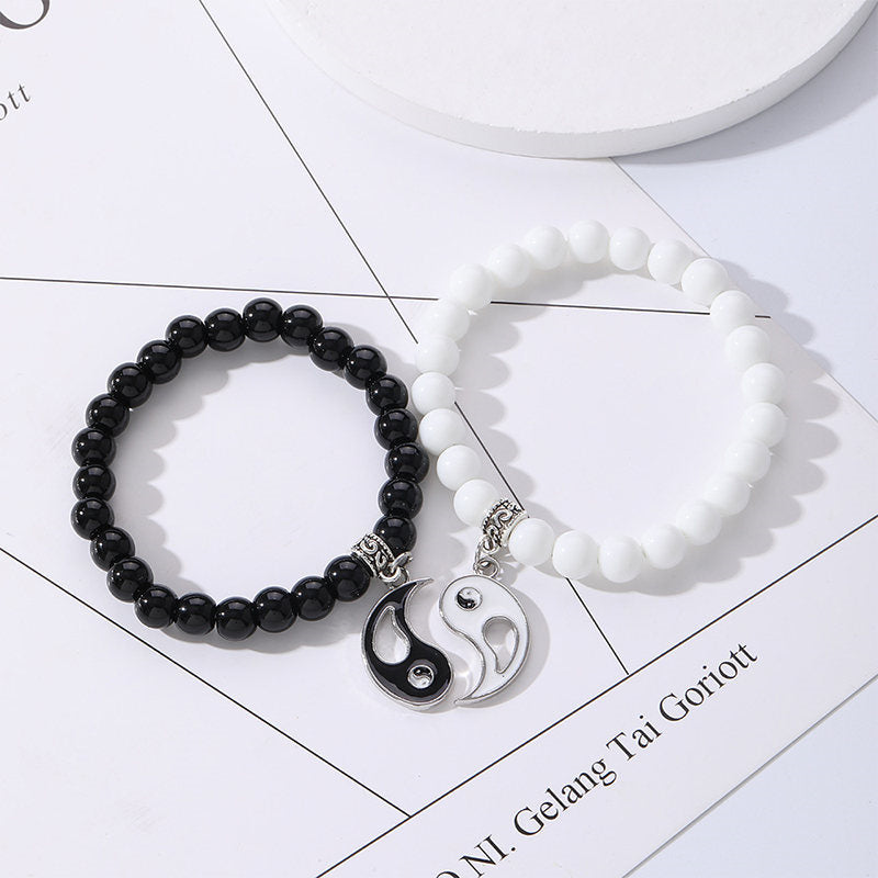 Nimara Ritual 2Pcs Black Onyx White Turquoise Bead Yin Yang Protection Couple Bracelet