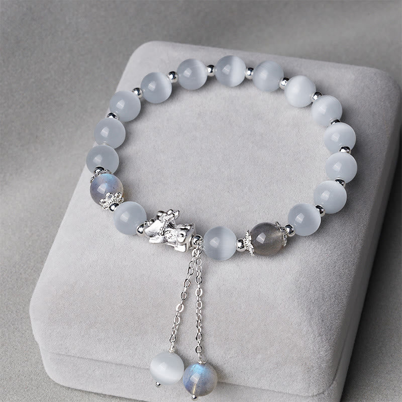 Nimara Ritual Natural Cat's Eye Moonstone Strawberry Quartz PiXiu Support Bracelet