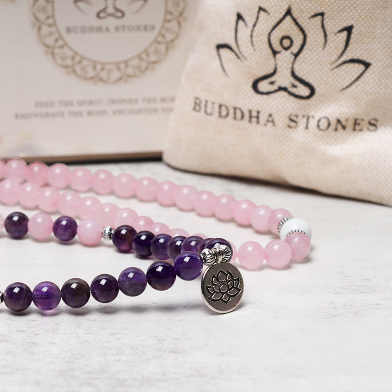 Nimara Ritual Natural Rose Quartz & Amethyst Mala Bead Lotus Pendant Bracelet