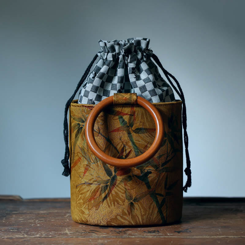 Nimara Ritual Bamboo Leaf Butterfly Cherry Blossom Persimmon Wood Handle Handbag