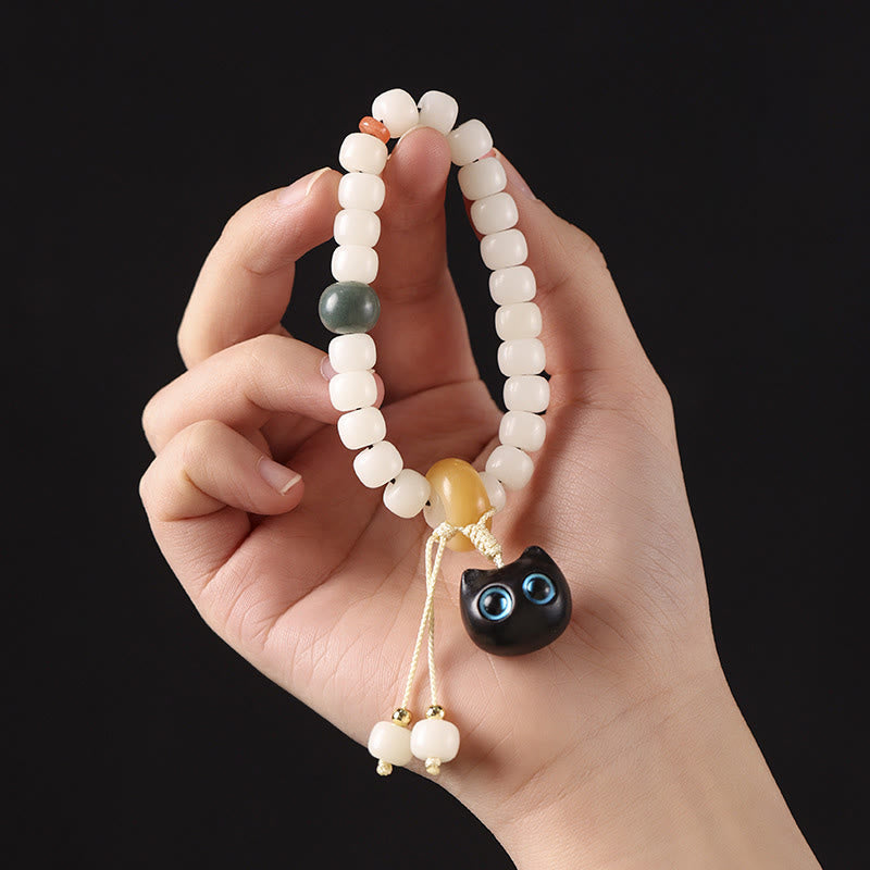 Nimara Ritual Natural Bodhi Seed African Blackwood Lovely Cat Charm Peace Harmony Bracelet